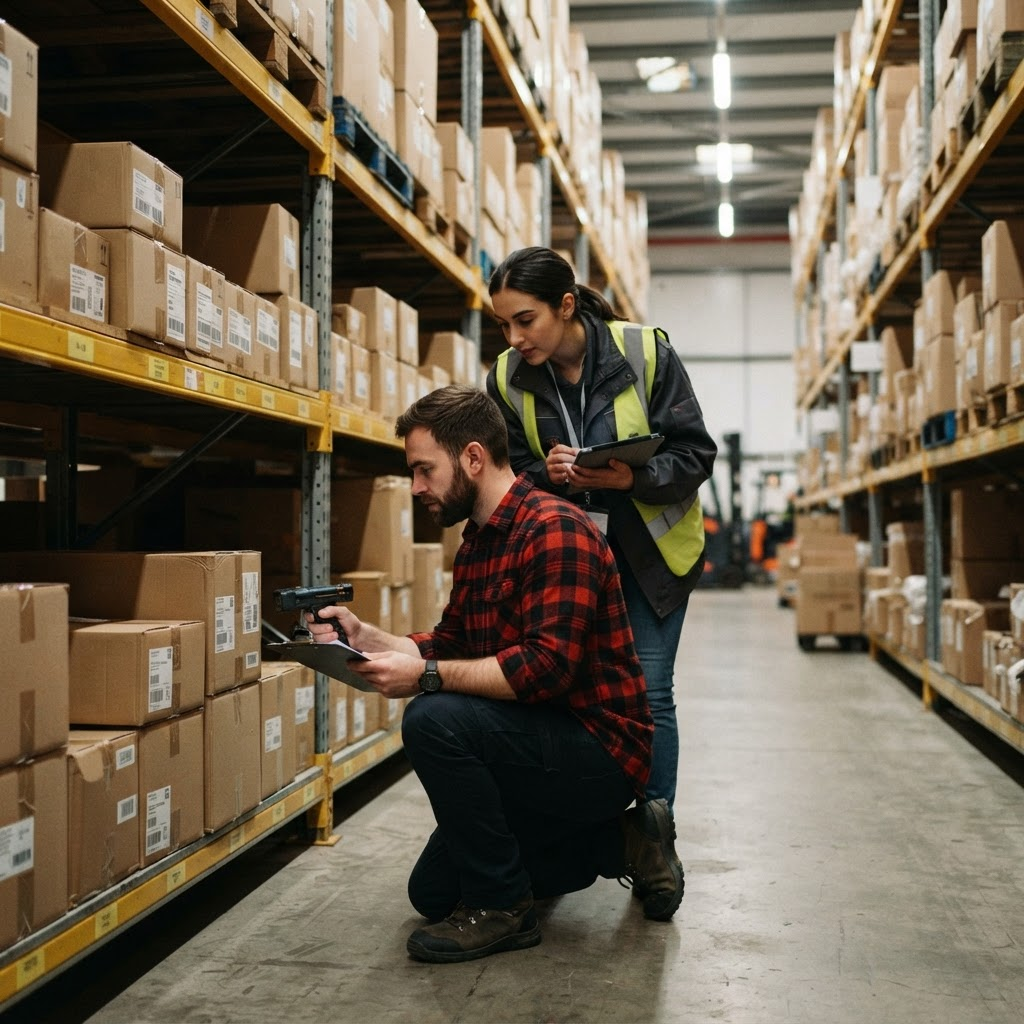 Warehouse workers reviewing inventory