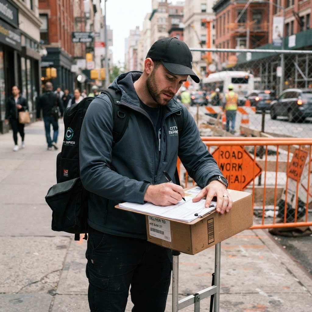 Delivery courier handling a package