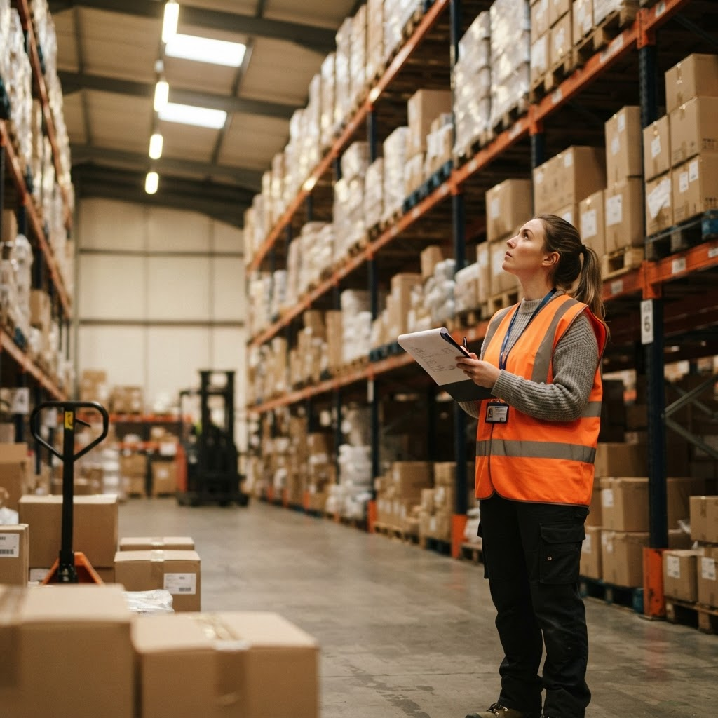 Warehouse worker in a safety vest checking inventory